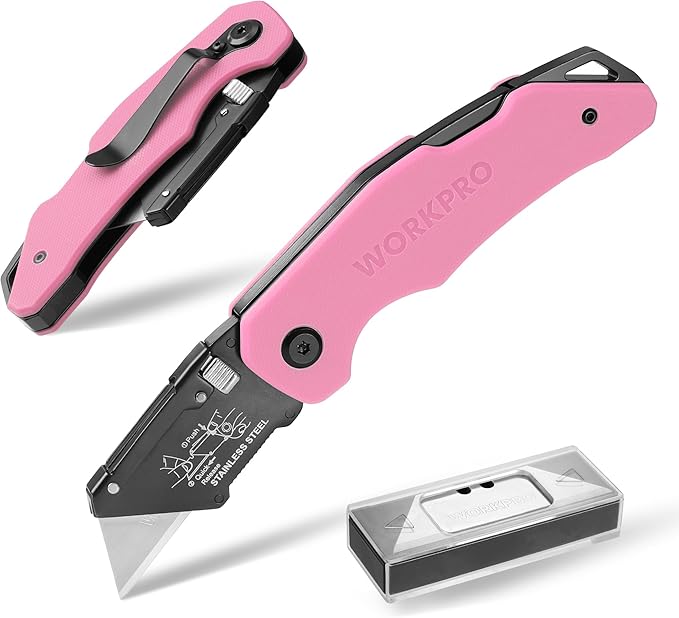 WORKPRO Folding Utility Knife G10 Handle with Stainless Steel Head, Quick-change Blade & Back Lock, Heavy Duty Box Cutter, 1PC Razor Knife with Extra 10PC SK5 Blades