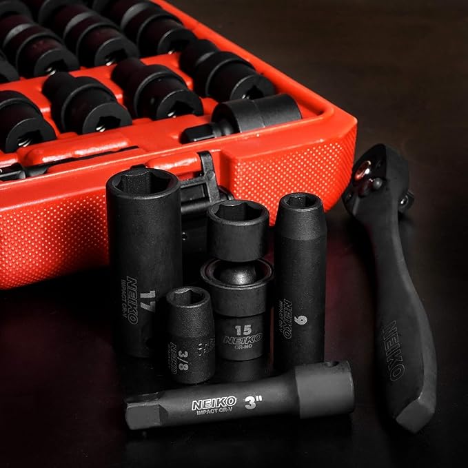 NEIKO 02471A Impact Socket Set, 3/8??Drive, 67 Piece, Metric and Standard Master Socket Set with Shallow & Deep Sockets, Ratchet, Swivel Sockets, Extension Bars, Adapters, Cr-V & Cr-Mo