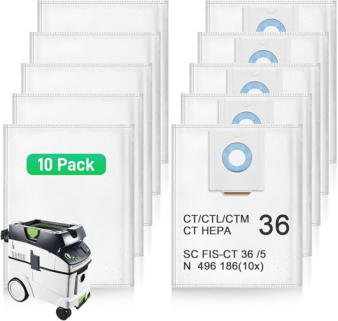 10 Pack 496186 Selfclean Filter Vacuum Bags For Festool CT 36, CTL 36, CTM 36 Dust Extractor Bag for Festool Vacuum Cleaner, Shop Vac Bags, Large Capacity Dust Collector Bag for Woodworking Workshops