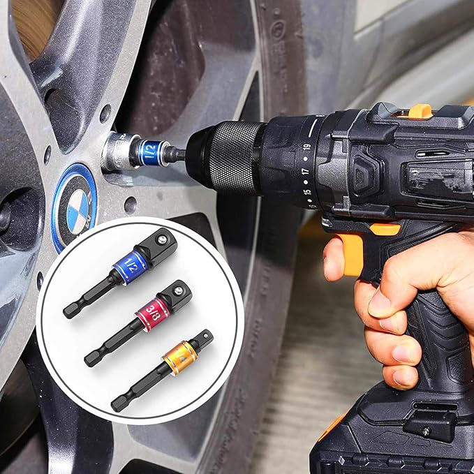 Socket Adapter Extension Set, 1/4, 3/8, 1/2 Inch Hex Shank, Impact Grade, Power Drill to Socket Converter, 3-Piece (Black)