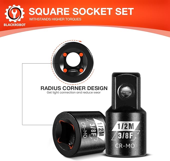BLACKROBOT 2 Piece 3/8?쒯 To 1/2?쒶 Impact Socket Adapter Set,SAE Drive Cr-Mo Steel Exceeds ANSI Standards,Square Drive Reducer for Impact Driver Wrench