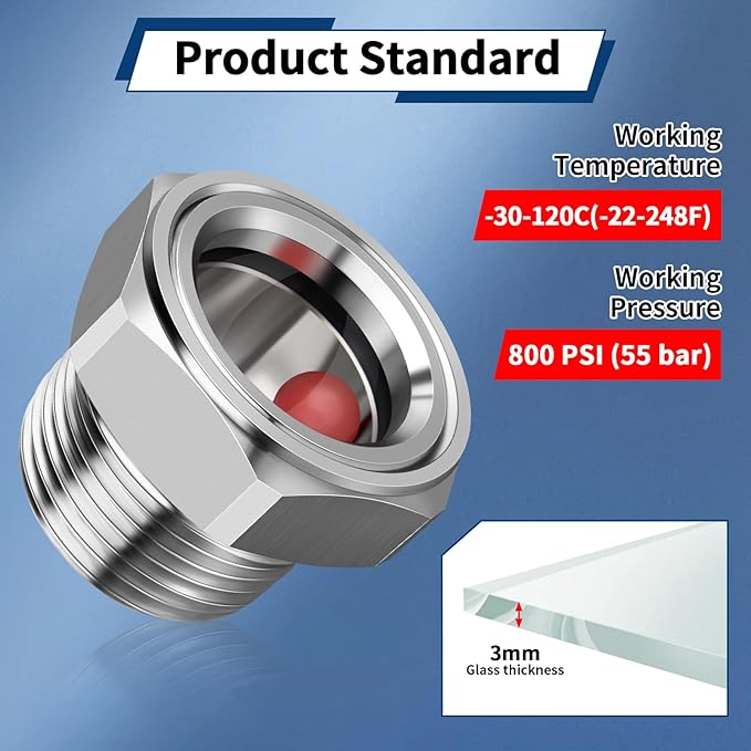 Boltigen Stainless Steel Oil Sight Glass with Float Ball, 3/4'' NPT Compressor Sight Glass, Clear Oil Level Sight Window Indicator, Site Glass Replacement for Air Compressor Tank Liquid Sight Plug