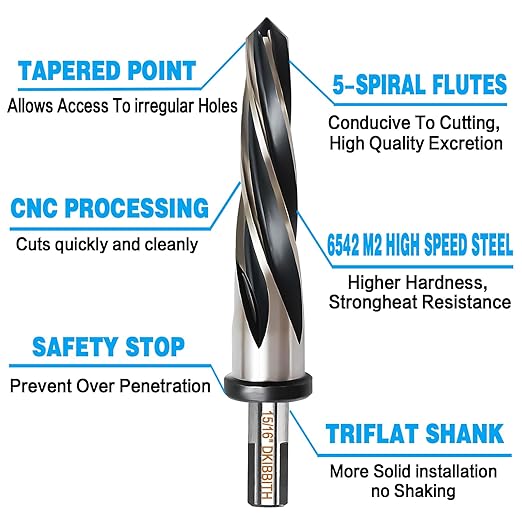 DKIBBITH 15/16" Bridge Construction Reamer Drill Bit, M2 HSS Taper Chucking Reamer for Steel Alloy Metal Wood Plastic, 1/2" Non-Slip Shank, 5-Spiral Flutes Car Reamer, to Align or Enlarge Holes, 24mm