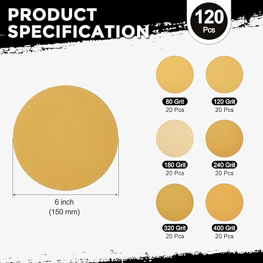 120 Pack Sanding Disc Kit 6 Inch 80/120/180/240/320/400 Grit Hook and Loop Random Orbital Sandpaper for Drywall Sander Wood Metal