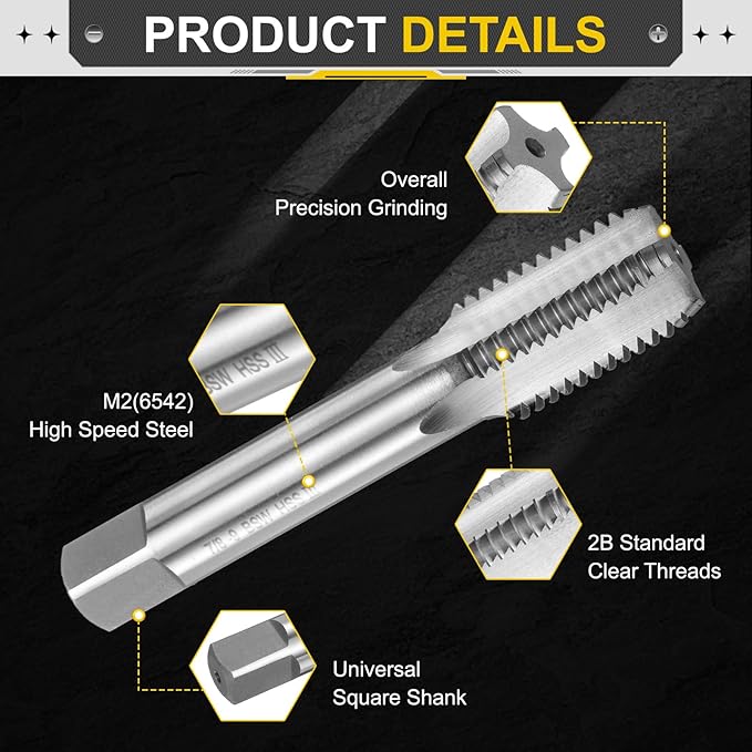 uxcell Hand Bottom Tap 7/8"-9 BSW 2B Thread Bottoming Style Threading Taps High Speed Steel HSS6542 Straight Flutes Screw Tapping Tool