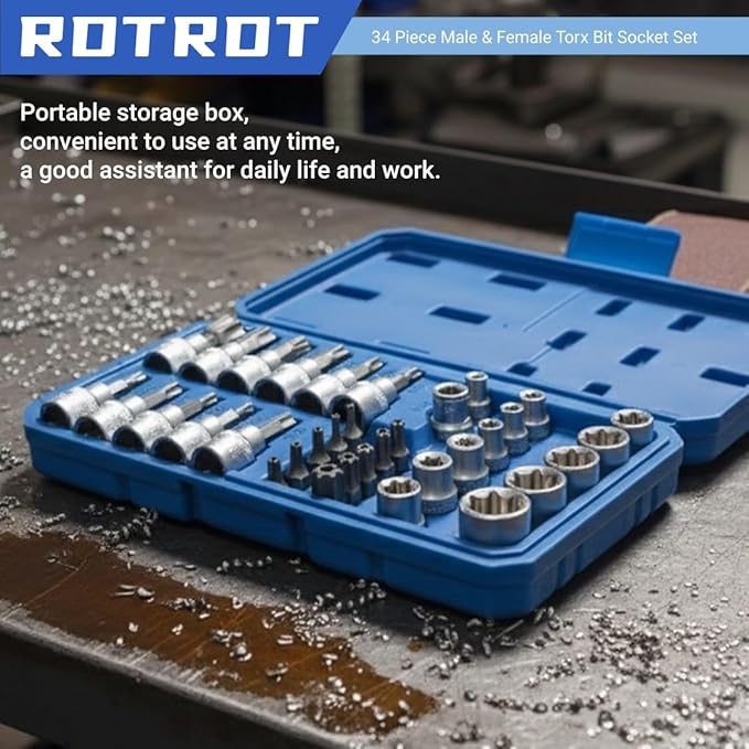 34-Piece Torx Star Bit Socket Set,CR-V Steel, E4-20, T10-60, Tamper Proof Set TT10-TT55, 5/16"F to 3/8"M adapter with Storage Case, Ideal for Car,Trucks,Home Improvement