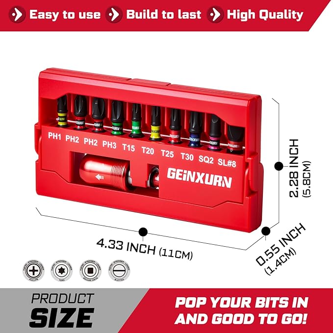 11Pieces Impact Screwdriver Bits Set, Magnetic S2 Steel 1??Phillips/Square/Torx/Slotted Insert Bits Tips,Impact Bit Holder with X-Shape Storage Box Case