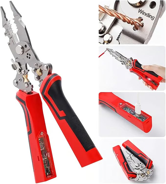 16 in 1 Wire Stripper Twister for Cutting and Pulling Wires, Cable Scissors, Voltage Tester Pliers, 12V to 250V Live, Professional Wire Stripper Electrical Pliers (Red)