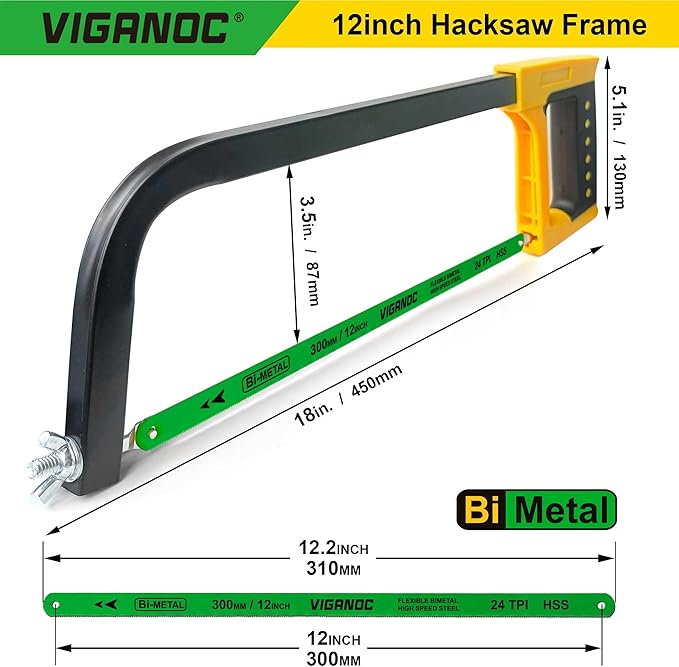 Hand Saw, 12-Inch Hacksaw with 24 TPI Bi-metal Blade, High-Tension Handsaw Frame Suitable for Metal, Wood Working