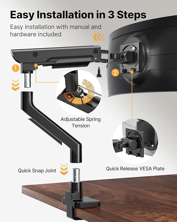 monTEK Sleek Aluminum Monitor Arm for 17??7??Ultrawide Screens up to 59.4 lbs, USB 3.0 A/C, Heavy Duty Single Monitor Arm Desk Mount, Pneumatic Lift, Quick-Release Plate, Clamp/Grommet, VESA 100x100