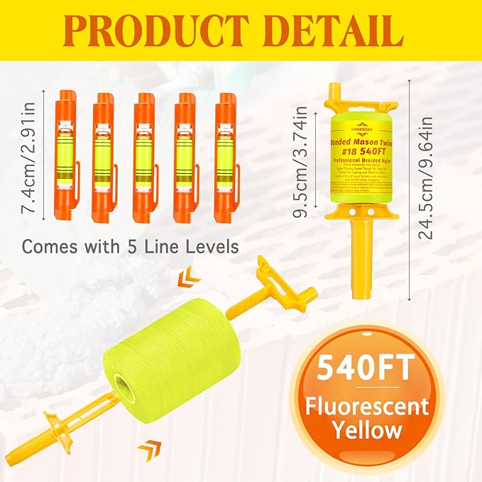 Mason Line with Handle,Twisted 540 FT #18 Braided Nylon Mason String with 5 Built-in Levels and Spool Construction Line,String Level Line Kit for Gardening Or Masonry Tools, Fluorescent Yellow