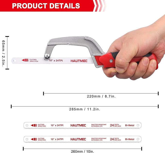 HAUTMEC Compact Hacksaw, Mini Hack Saw with 3Pcs 10" Bi-Metal HSS Blade, Small Hand Saw for Metal Wood PVC, Especially Cuts in Tight Hard-Reach Spaces – HT0355