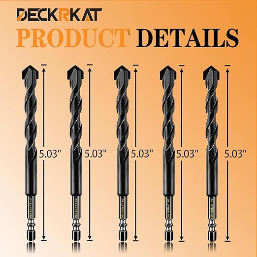 DECKRKAT 5-Piece 1/2" Carbide Masonry Drill Bits for Concrete, Brick, Tile - Black Hex Shank Set w/Heavy-Duty Case, Quick Change Fit Drill Driver