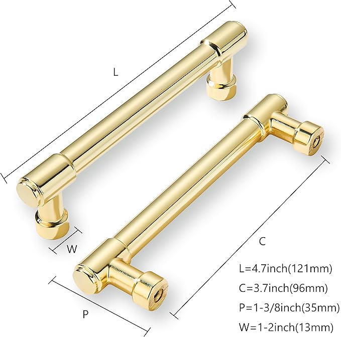 khtumeware 10-Pack 3-3/4inch Hole Center Polished Brass Cabinet Pulls Heavy Duty Solid Unlacquered Brass Cabinet Handles for cabinets Dressers Handles cabinets