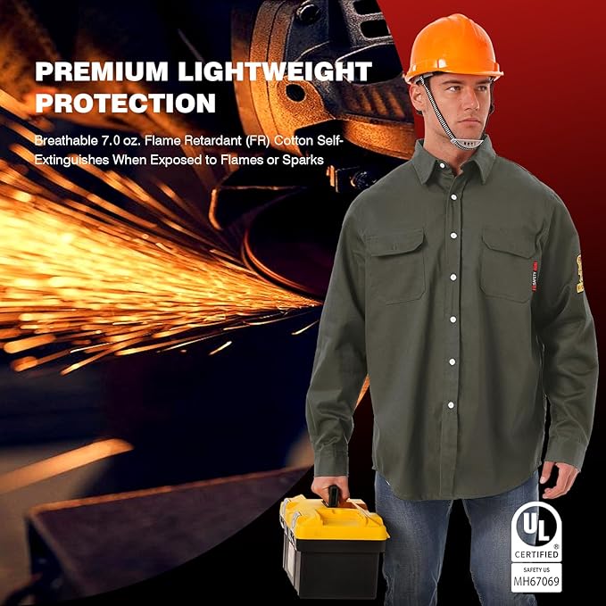 SKSAFETY 7oz FR Shirts for Men, Welding Shirt Hi Vis Flame Resistant 100% Cotton Fire Retardant Longsleeve Shirt CAT2