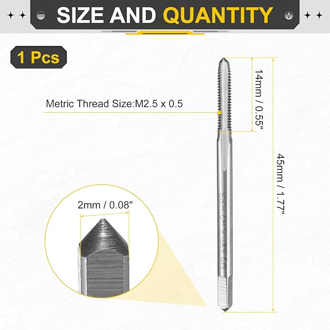 uxcell Hand Plug Tap M2.5 x 0.5 H2 Metric Thread Plug Style Taps Straight Flute Screw Tapping Threading Tool High Speed Steel HSS6542