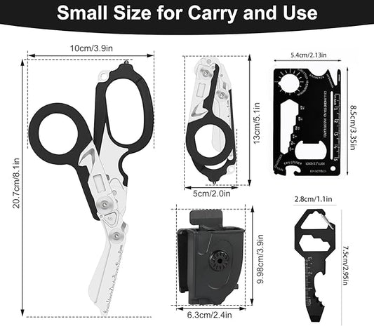 multifunctional tool set includes key tools, card tools, 6-in1 Trauma Shears, scissors with K-sheaths, suitable for outdoor exercise, garden pruning, and daily household use (carbon black)