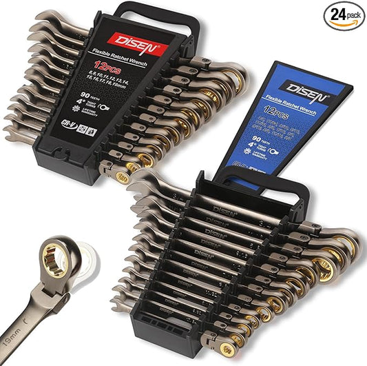 DISEN 24pcs 90-Teeth Ratchet Wrenches Set, Flex Head Ratcheting Wrench Set Metric 8MM-19MM and SAE Wrenches 1/4 Inch-3/4 Inch, Nickel Plating Cr-V Constructed with Organizer Rack