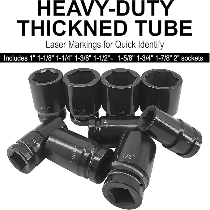 1 Inch Drive Deep Impact Socket Set, 9 Pieces Jumbo Impact Socket Sets, SAE 1" to 2", Chrome Steel, 6-Point Design, Metal Case