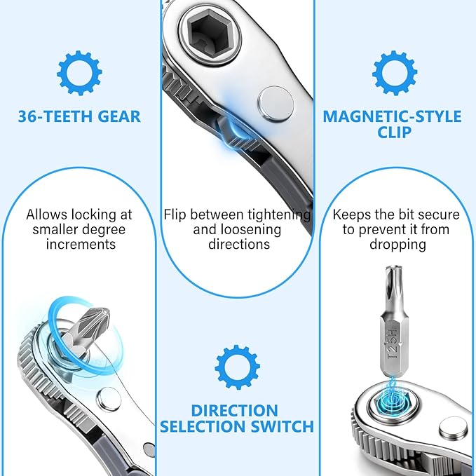 24in1 Right Angle Screwdriver, 36-Tooth Magnetic Ratchet Wrench, Low Profile Offset Tool for Tight Spaces, Ideal Gift for Men Dad Husband, Electronics and Car Repair Kit