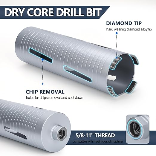 2-1/2 inch Diamond Dry Core Drill Bit, 10" Drilling Depth, 5/8"-11 Thread Core Drill Bit for Concrete Masonry Brick Block, Includes 3 Adapters SDS Plus, SDS Max and Hex (2-1/2 inch)