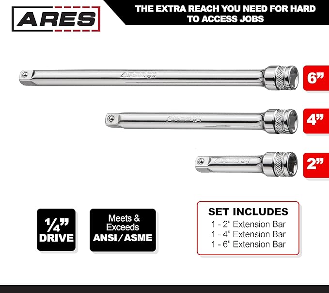 ARES 70243-3-Piece 1/4-Inch Drive Socket Extension Set - Includes 2-Inch, 4-Inch and 6-Inch Extensions - Premium Chrome Vanadium Steel with Mirror Finish