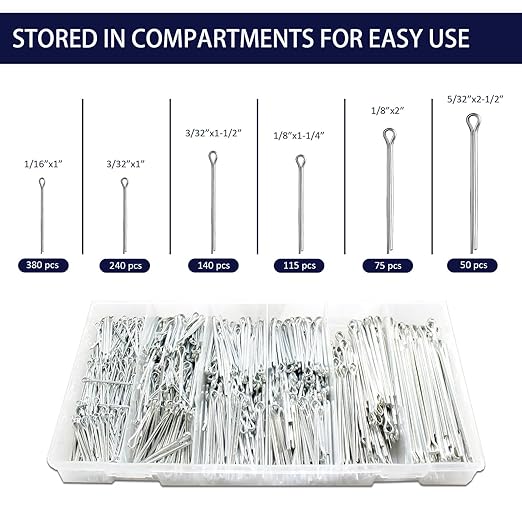 1000 Piece Cotter Pin Assortment Kit - 6 Sizes (1/16??to 5/32?? Durable Split Pins with Case, Corrosion-Resistant for Tractors, Trailers, Marine & Industrial Machinery - Bulk Multi-Size Cotter Key Set