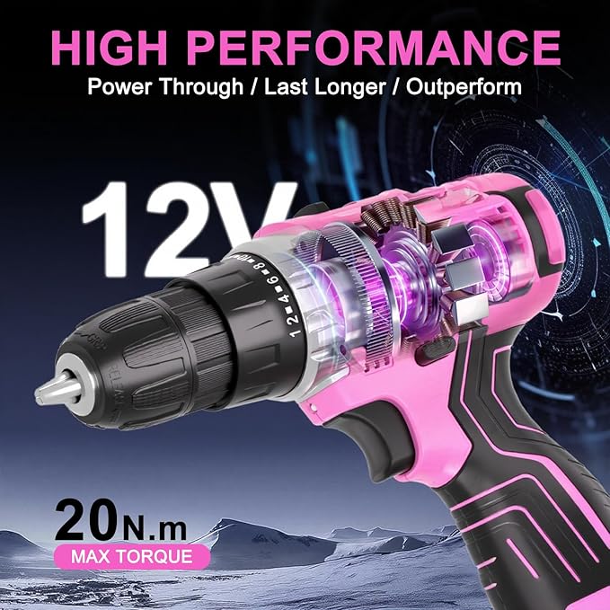 GardenJoy Cordless Power Drill Set: 12V Electric Drill with Battery and Charger, 65pcs Acessories, 3/8"Keyless Chuck, 2 Variable Speed, 24+1 Position, Compact Drill Driver Kit for Home & DIY Project
