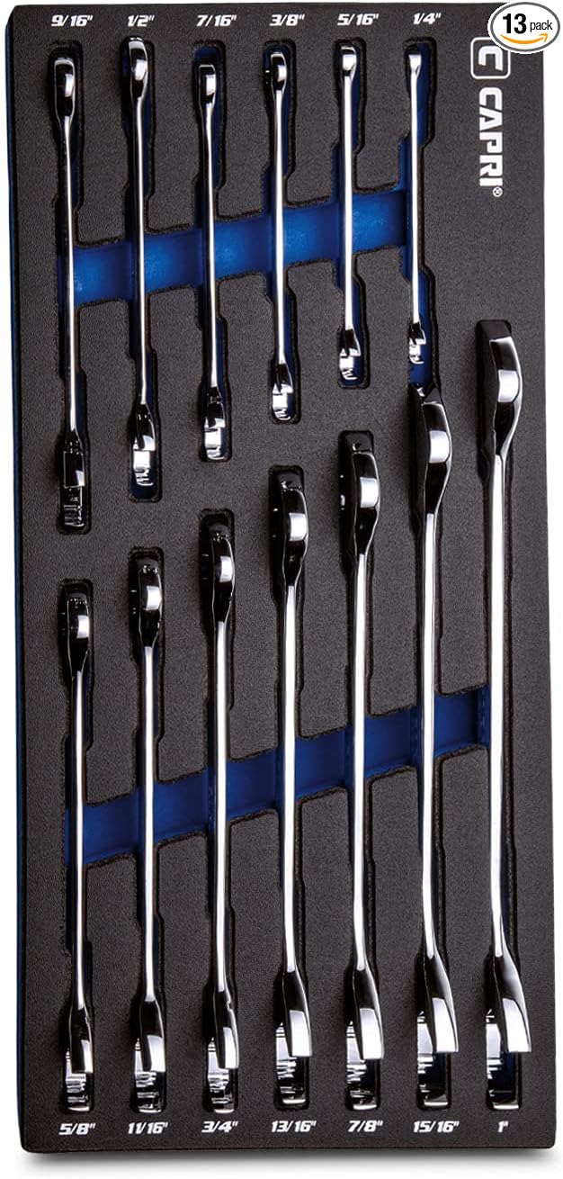 Capri Tools Angle Open End Wrench Set, 30째 and 60째 angles, 1/4 to 1 in. SAE, 13-Piece with Mechanic' Tray
