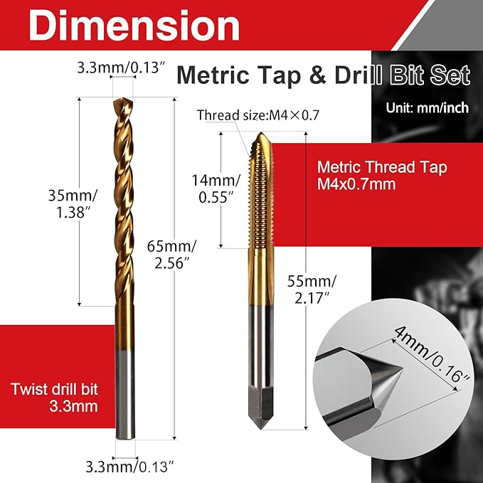 M4 x 0.7 Spiral Point Thread Tap and 3.3mm Twist Drill Bit Set, HSS 6542 and M35 Cobalt Machine Screw Threading Tool for Stainless Steel and Hard Metal Processing