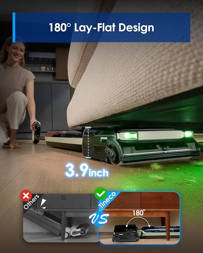 Tineco Floor ONE S7 Master Wet Dry Vacuum Cleaner, 23kPa Suction Vacuum Mop with DustReveal Green Headlight, 65 Min Runtime, 185째F Flashdry, 3.9inch Ultra-Slim Stretch Mop