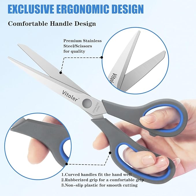 Vitoler Scissors, Heavy Duty Scissors All Purpose Bulk Set of 3-Pack竊똕harp Scissor for Office School Craft Sewing Fabric, Right/Left Hand