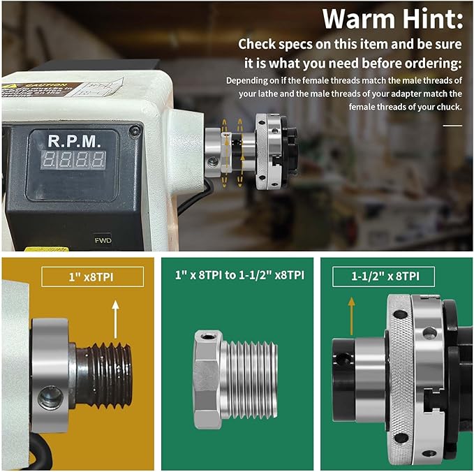 Lathe Headstock Spindle Adapter,Converts 1"x8 TPI to 1-1/2-8 TPI for Woodworking Lathe