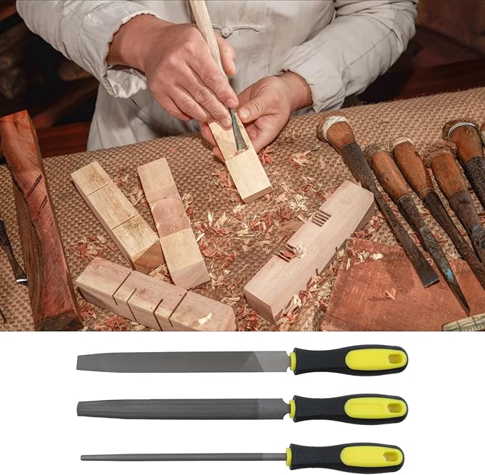 3-Piece Set 8in Length File (Flat, Round and Half-Round), High Carbon Steel Hand File for Refining, Removing, Shaping and Scraping Projects