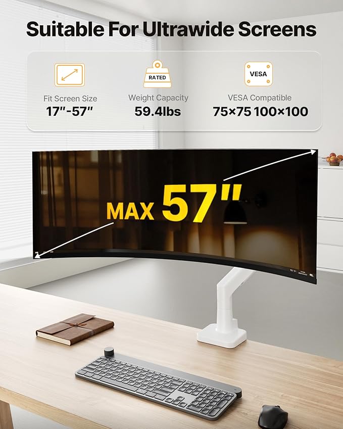 monTEK Sleek Aluminum Monitor Arm for 17??7??Ultrawide Screens up to 59.4 lbs, Heavy Duty Single Monitor Arm Desk Mount, Pneumatic Lift, Quick-Release Plate, Clamp/Grommet, Max VESA 100x100