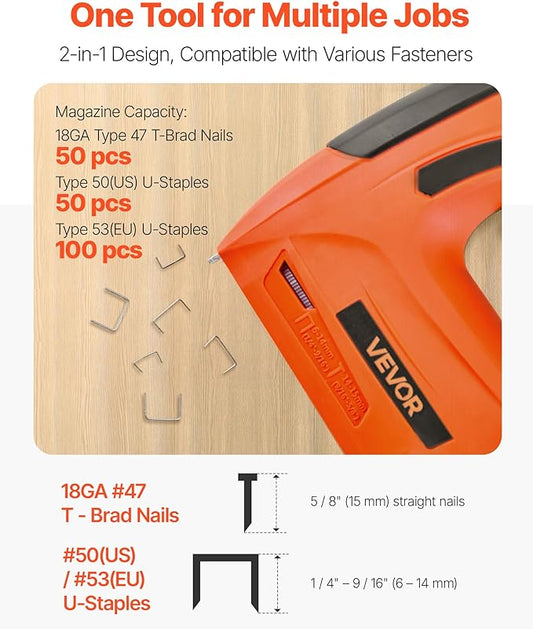 VEVOR Cordless Brad Nailer, 2-in-1 Nail Gun Staple Gun, 18 Gauge 5/8 inch, Battery Powered, with 1000 Pcs Staples and 1000 Pcs Nails, Non-Slip Rubber Grip, for Woodworking, Carpentry and DIY Projects