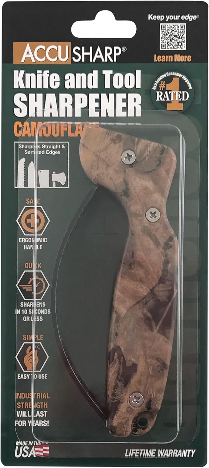 AccuSharp Knife Sharpener, Ergonomic Comfortable Handle, Compact & Easy to Use, Restore and Hone Straight & Serrated Knives, Camo