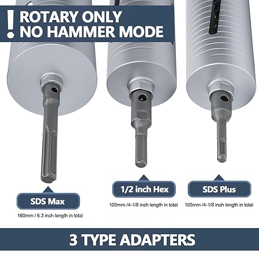 5-1/2 inch Diamond Dry Core Drill Bit, 10" Drilling Depth, 5/8"-11 Thread Core Drill Bit for Concrete Masonry Brick Block, Includes 3 Adapters SDS Plus, SDS Max and Hex (5-1/2 inch)