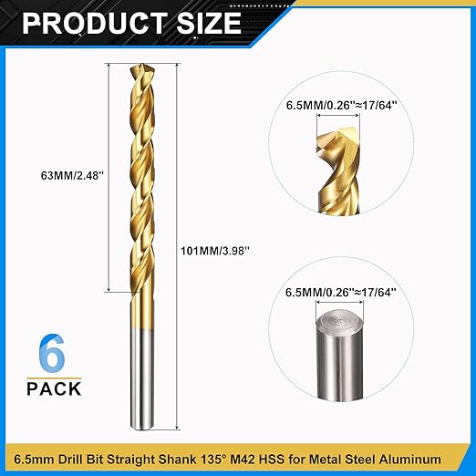 PATIKIL 6.5mm Drill Bit, M42 8% Cobalt High-Speed Steel Jobber Straight Shank 135° Titanium Nitride (TiN) Coated for Hard Metal Stainless Steel - 6 Pack