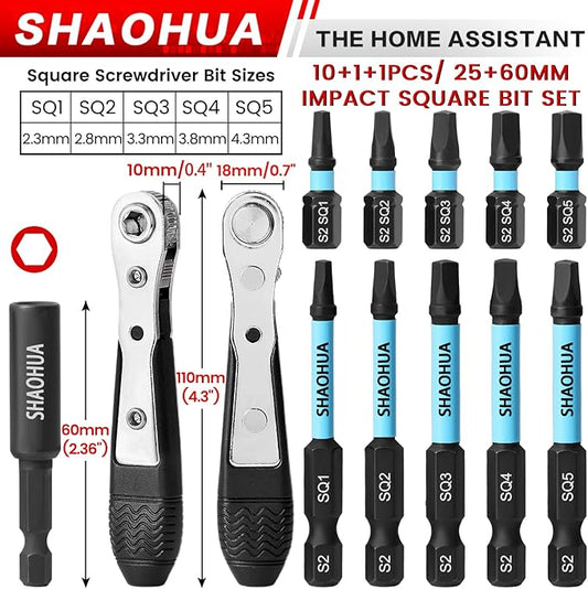 Square Drill Bit with Ratchet Screwdriver, 2.36"&0.98" Magnetic Head Robertson Screwdriver #1,2,3,4 and #5, 1/4" Hex Shank with Extension Bit Holder, for Vehicles, Bicycles, Furniture