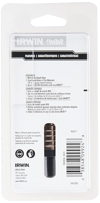 Irwin Tools IRWIN 10220CB Unibit 1/16-Inch Hole Enlarging 8-Steps Cobalt Alloy Steel Step Drill Bit