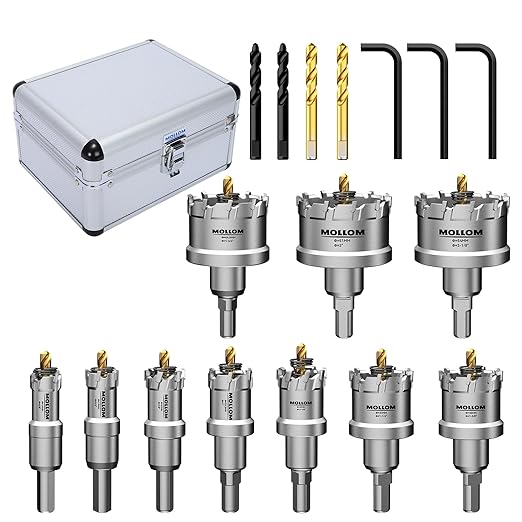 Mollom 10Pcs (16-54mm) TCT Carbide Hole Saw Kit for Hard Metal, Extra 2xTitanium & 1xStepped Pilot Drill bits and 2Pcs Hex Key for Stainless Steel, Iron,Aluminum,Alloy,Metal