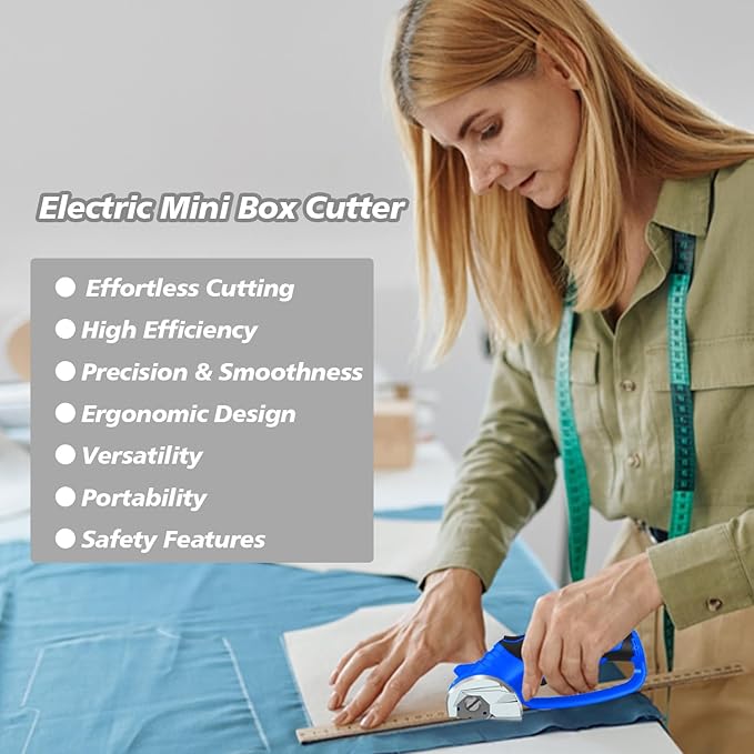 Cordless Electric Scissors, 4V Rechargeable Box Cutter & Cardboard Cutter with Titanium Blade, LED Light, Safety Lock - Rotary Cutter for Fabric, Leather, Carpet, Plastic, Crafting, Sewing(Royal Blue)