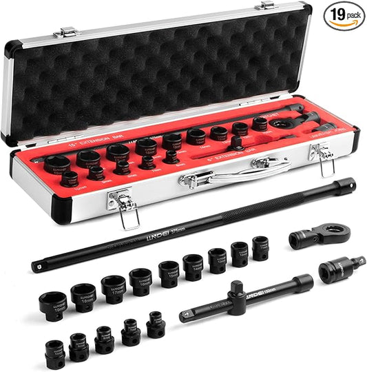 LLNDEI 3/8" Nano Sockets, Drive Stubby Impact Socket Set, 19-Piece Long Flex Head Ratcheting Wrench Set Extension Bar(6"-15"), 6-19mm Metric Stubby Socket Set, Cr-Mo material