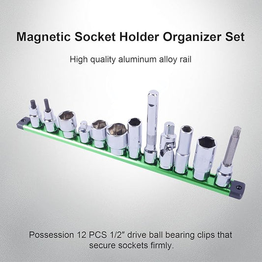 Magnetic Socket Holder Organizer Set:1/2-Inch Drive Socket Trays Socket, 360째 Swivel 12 Clips Socket Holder Kit, For Automotive Mechanic Garage (Green)