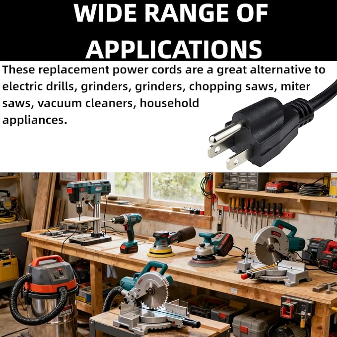 Replacement Power Tool Cord (8' ft, 16/3) for Drills, Sanders, Vacuums, Miter Saws, Appliances, Chop Saws, Grinders, Motors and Power Tools