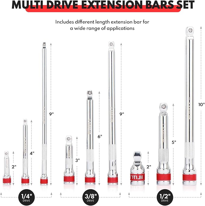 BILITOOLS Wobble Extension Set, 9 PCS 1/4", 3/8" and 1/2" Drive Ratchet Extension Set Flexible, Cr-V Steel