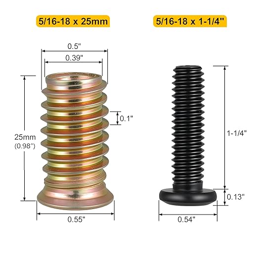 Threaded Inserts and Bolts Set, 18 Sets, 5/16-18 x 25mm Threaded Inserts for Wood, 5/16-18 x 1-1/4" Furniture Screws Flat Head 304 Stainless Steel, Hex Socket Drive, with 2Pcs Hex Wrench