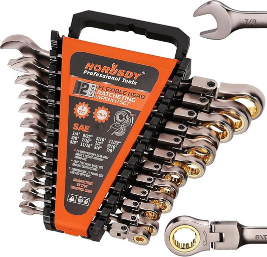 HORUSDY 12-Piece SAE Flex-Head Ratcheting Wrench Set with Organizer | 1/4??to 7/8??Ratchet Combination Wrenches Set | 72-Teeth | Chrome Vanadium Steel