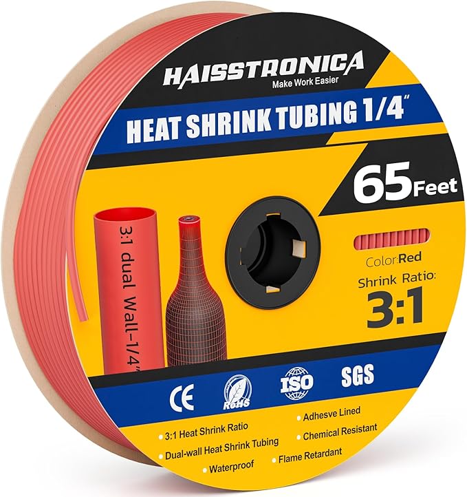 haisstronica 3:1 Heat Shrink Tubing, Shrink Ratio Adhesive Lined Marine Grade Heat Shrink Tube for Home, Automotive and Industrial (Red) 65FT 1/4inch
